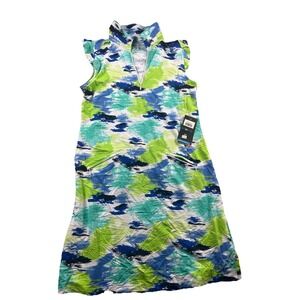 IBKUL Ruffle Dress Sleeveless 1/4 Zip Golf Tennis Brushstroke UPF 50+ Large NWT